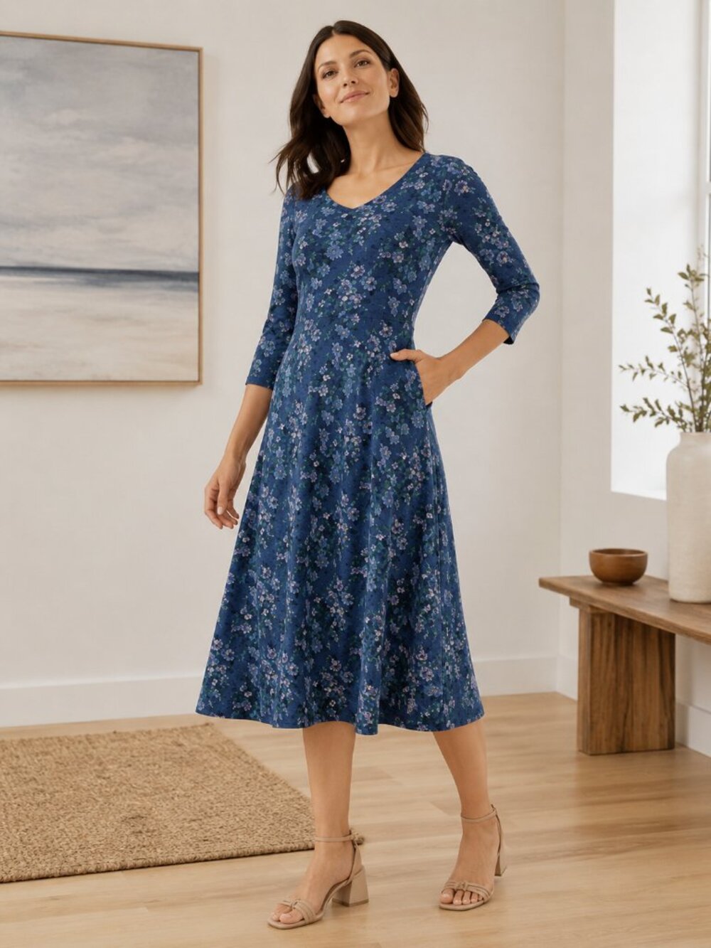PACT Blue Floral Organic Cotton Midi dress with Three-Quarter Sleeves Sz L